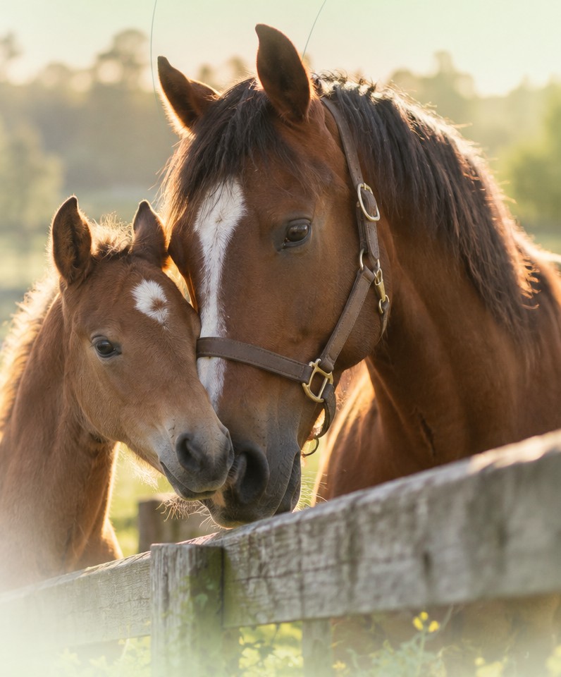 A mare and foal standing together by a paddock fence